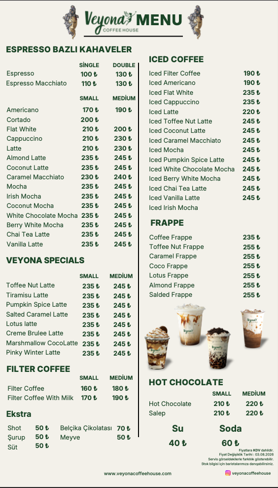 Veyona Coffee House İçecek Menüsü Sayfa 1